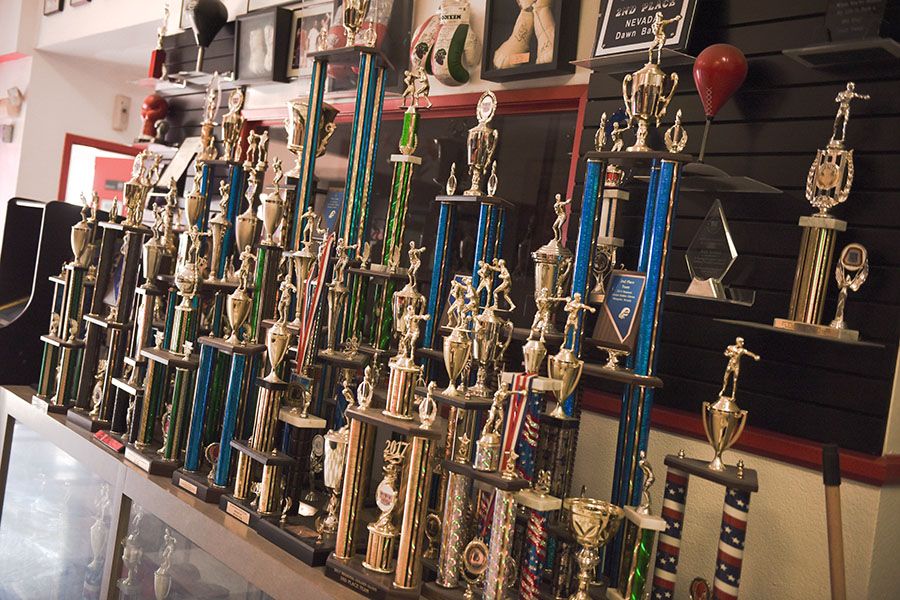 Boxing trophies on display at Barry's Boxing Center, home of Nevada Golden Gloves